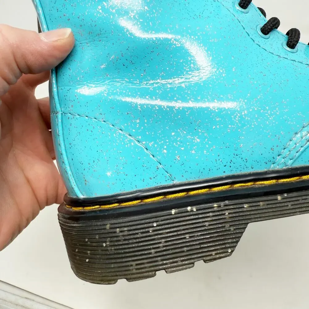 Dr. Martens Aqua Blue Glitter Patent Leather Combat Boots Sz 3 Lace Up/Side Zip
